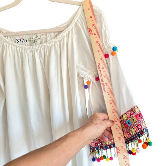 Stellah Anthropologie Off-Shoulder Pom Pom Beaded Embroidered Mini Dress Small - Picture 9 of 10
